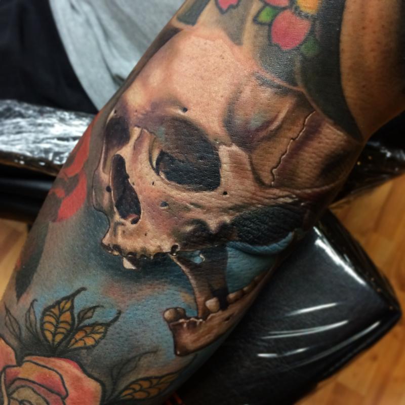 Realistic color skull tattoo, Brent Olson Art Junkies Tattoo by Brent